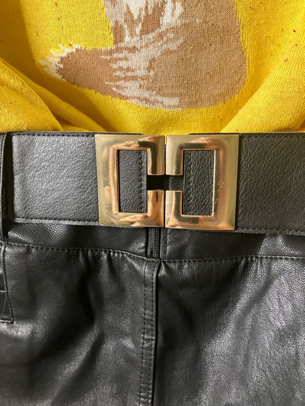 Black Faux Leather Mini Skirt with Gold Buckle Belt - Picture 6 of 9